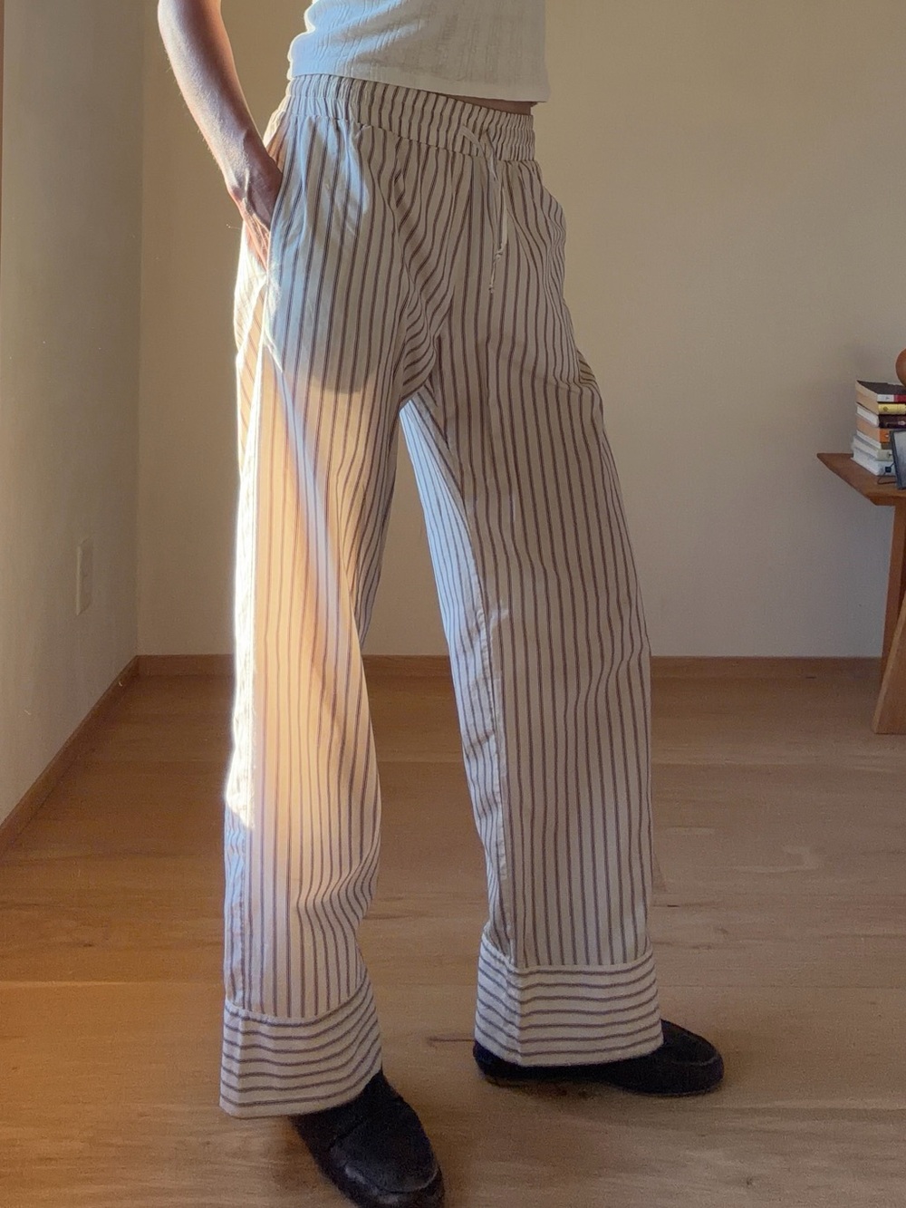 Striped Wide-Leg Pants in Cream with Brown Pinstripes